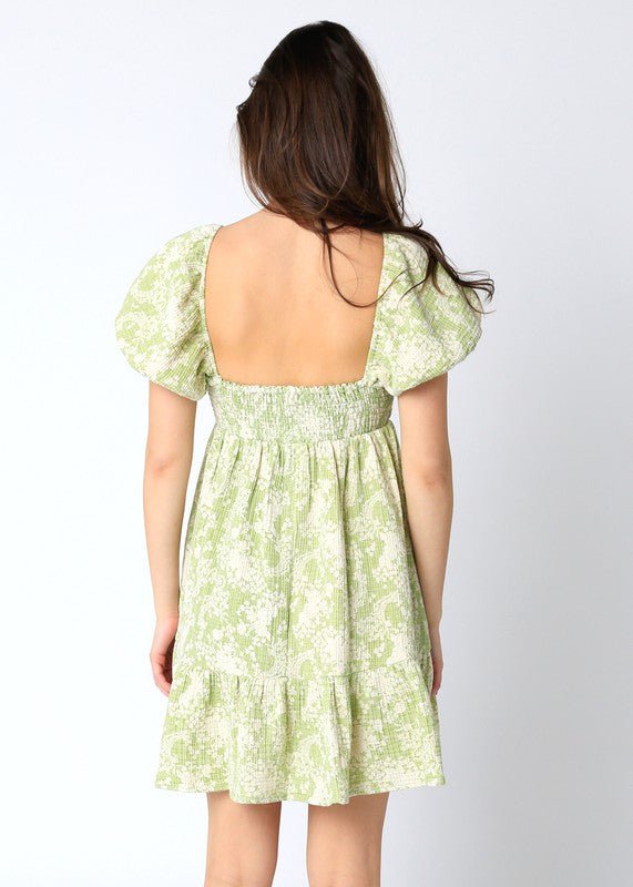 Green Floral Puff Sleeve Dress