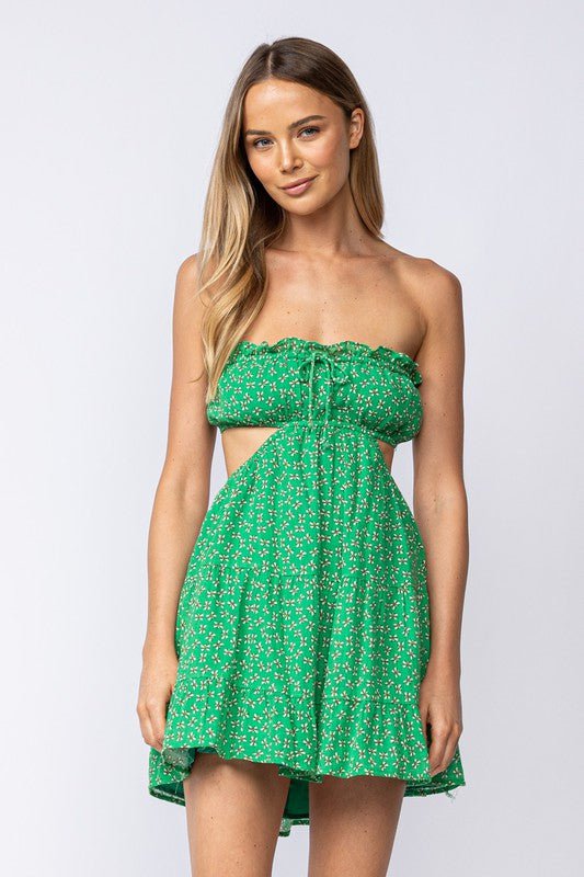 Green Floral Strapless Dress