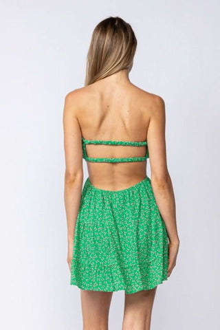 Green Floral Strapless Mini Dress - Open Back Detail