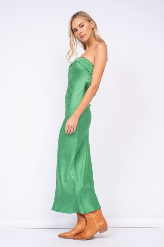 Green Strapless Floral Satin Maxi Dress | Boho Pink Green Strapless Floral Satin Maxi Dress | Boho Pink
