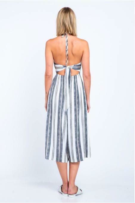 Mia White and Black Striped Print Cutout Culotte Jumpsuit a short halter jumpsuit