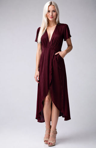 Burgundy wrap midi dress by Honey Punch Clothing