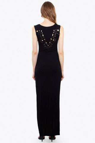 Back view of Emelia Black Knit Maxi Dress with cutout back 
