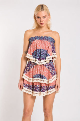 Summer Fields Blue and Blush Floral Print Strapless Two-Piece Set - Front View