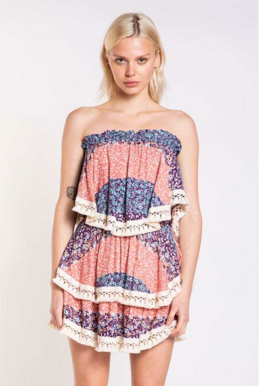Summer Fields Blue and Blush Floral Print Strapless Two-Piece Set a boho dress set