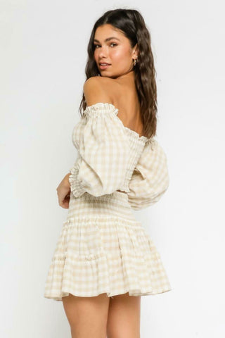 XOXO Khaki Gingham Smocked Off-the-Shoulder Dress Set - Side View