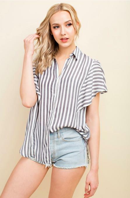 Womens Short Sleeve Striped Button-Down Shirt