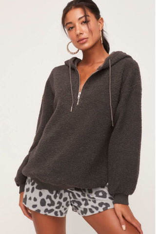 Gabriella Charcoal Grey Sherpa Hoodie - Front View