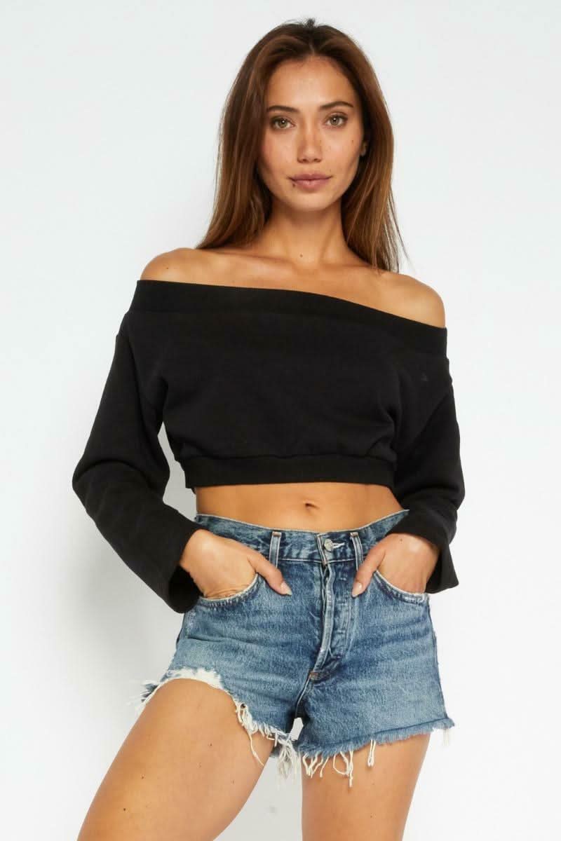 Black Off-the-Shoulder Cropped Sweatshirt