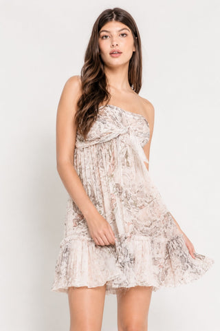 Canyon Sunset Taupe Snake Strapless Mini Dress - Babydoll Dress - Front View