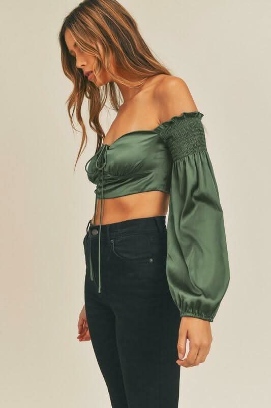 Bri Hunter Green Off-Shoulder Satin Lace-Up Crop Top -  BohoPink