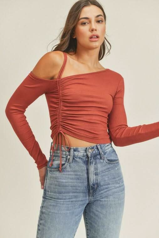 Lush Angie Mahogany One Shoulder Ruched Crop Top -  BohoPink