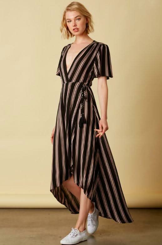 When in Rome Black Striped Wrap Maxi Dress - Cotton Candy LA - Size S - Flutter Sleeves, Tassel Tie, High-Low Hem When in Rome Black Striped Wrap Maxi Dress - Cotton Candy LA - Size S - Flutter Sleeves, Tassel Tie, High-Low Hem