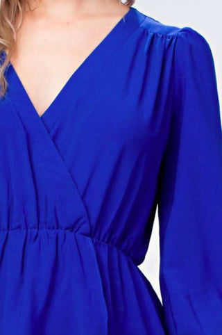 Hannah Royal Blue Long Sleeve Wrap Dress - Close-Up