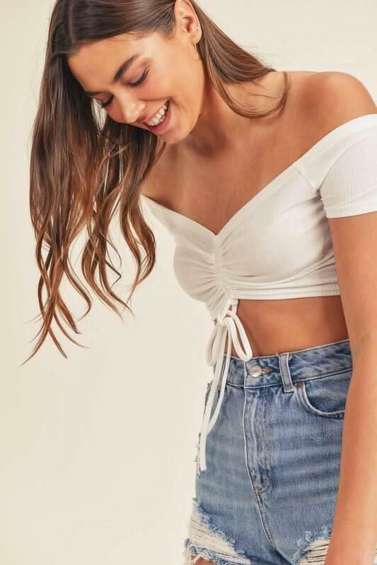 Bailey White Drawstring Off-the-Shoulder Crop Top -  BohoPink