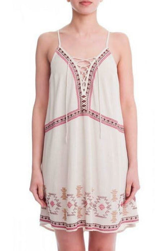 Heart of Mine Taupe Embroidered Lace-Up Coverup Dress -  BohoPink