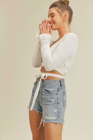 Cutest Ever White Cropped Wrap Sweater - Side View