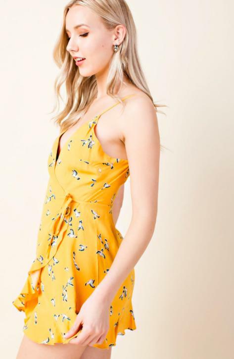 Yellow Bird Print Wrap Dress