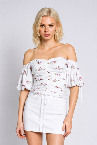 Summer Garden Purple and White Floral Print Off-the-Shoulder Top - Front View