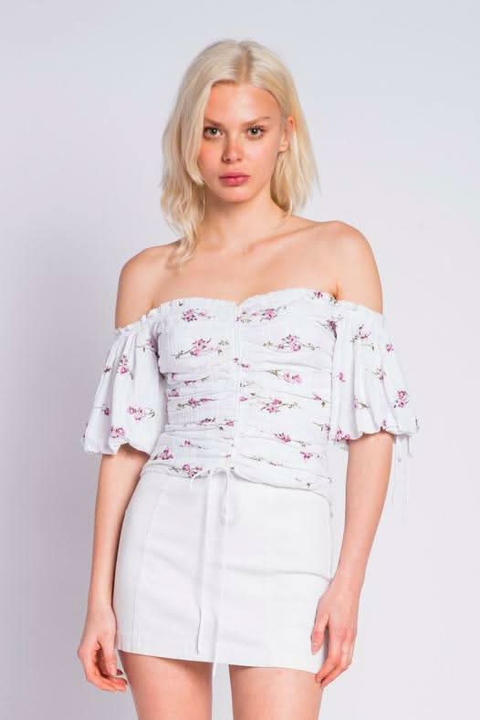 Summer Garden Purple and White Floral Print Off-the-Shoulder Top - Front View