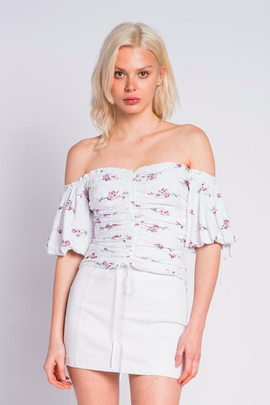 White and Purple Floral Off-the-Shoulder Top