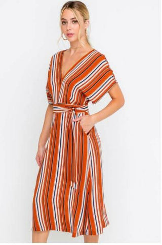 Marcella Rust Striped Dolman Sleeve Midi Dress from our midi dresses edit