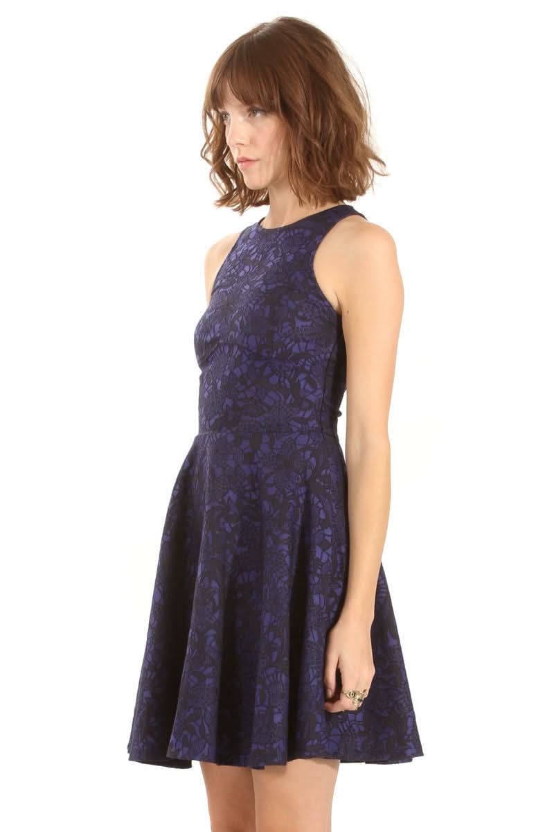 Black and Navy Blue Jacquard Print Skater Dress