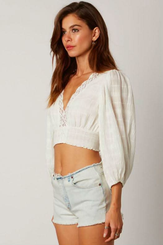 White Puff Sleeve Crop Tops