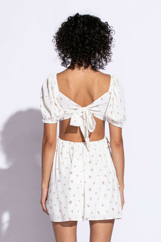Ivory floral puff sleeve mini dress back view