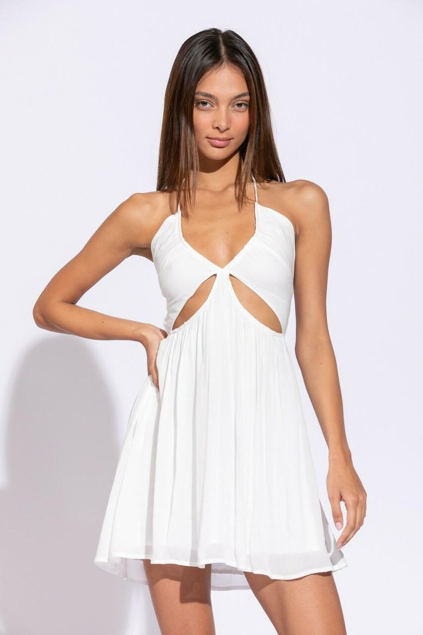 White Mini Dress - Side Cutout Bodycon Dress - Halter Neck Knot Dress