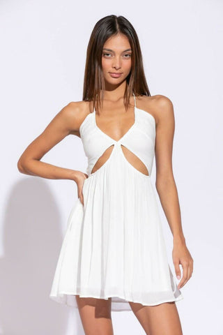 Monica White Cutout Halter Mini Dress highlighting the waist accent cutouts front 