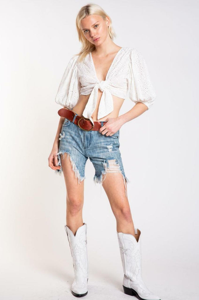 White Eyelet Lace Tie-Front Crop Top