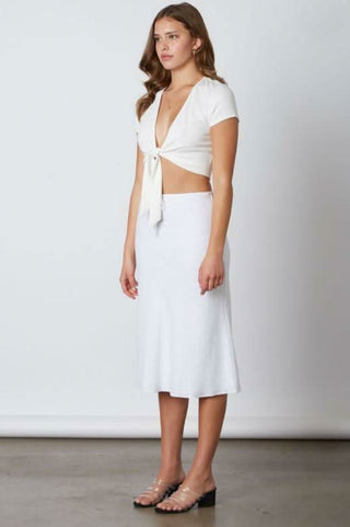 White high waisted midi skirt side view