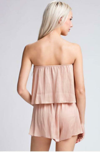 Gaea Champagne Blush Satin Strapless Romper back