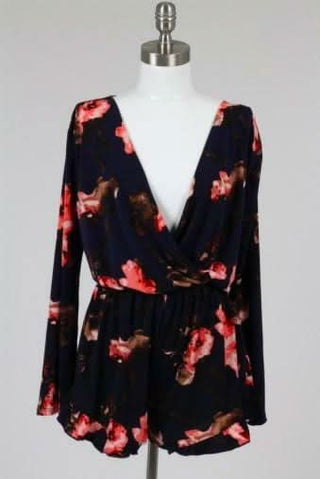 Serendipity Navy Floral Bell Sleeve Romper - Front View 