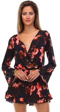 Navy and Coral Floral Wrap Romper