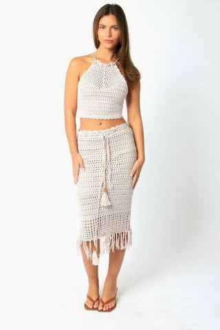 Salty Sun Blush Knit Halter Lace-Up Midi Dress Set - Front View