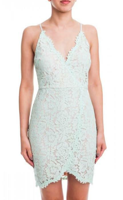 Mint Lace Bodycon Wrap Dress Lush | Size M | Adjustable Straps & Scalloped Hem Mint Lace Bodycon Wrap Dress Lush | Size M | Adjustable Straps & Scalloped Hem