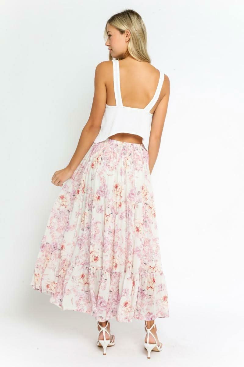 Daphne Ivory Floral Print Ruffle Midi Skirt -  BohoPink