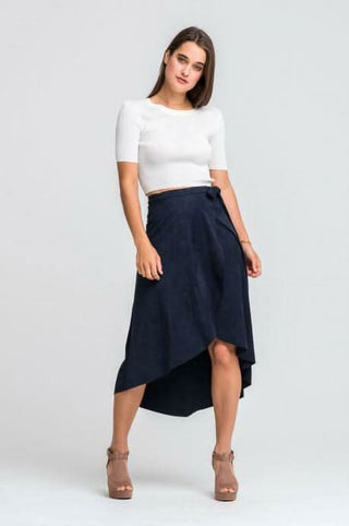 Midi Skirts - Navy blue faux suede midi wrap skirt with tie-waist detail | Boho Pink