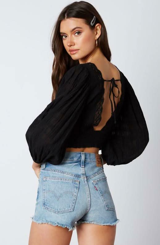 Black Puff Sleeve Crop Tops