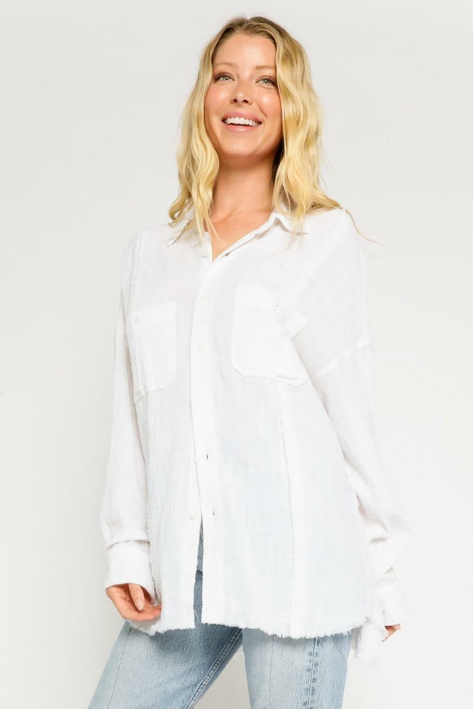White Long Sleeve Button-Up Top