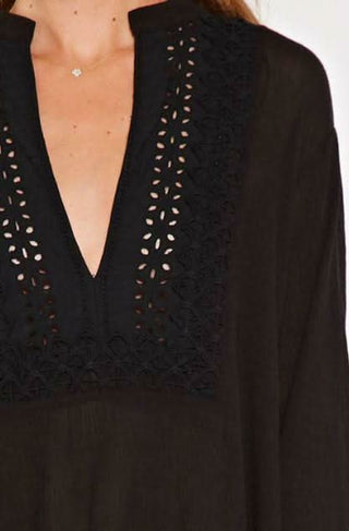 Black lace trim bell sleeve shirt - casual bohemian top for women by Lovestitch