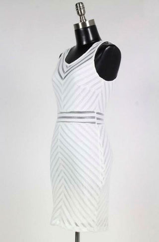 White chevron textured mini dress perfect for bridal showers or rehearsal dinners.