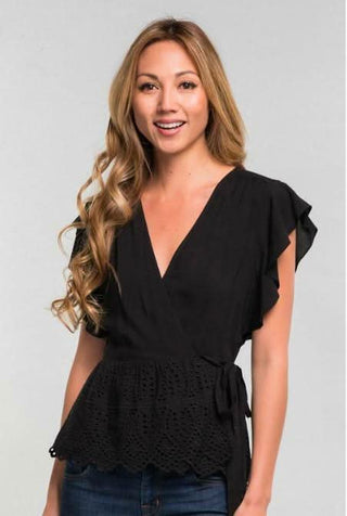 Black eyelet ruffle sleeve wrap top - Once Again peplum blouse by Lovestitch
