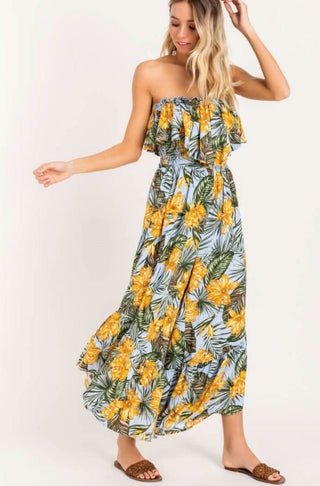 Plum Island Mustard Palm Print Strapless Culotte Jumpsuit styled with flat sandals
