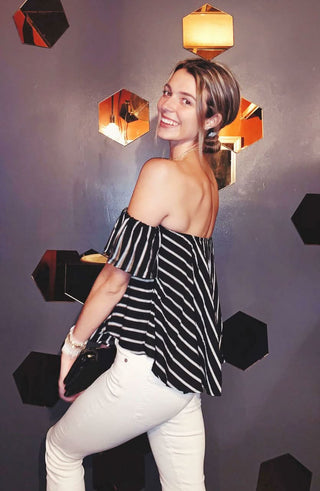 Glamorous Black and White Striped Off-the-Shoulder Top - Detailed Side View