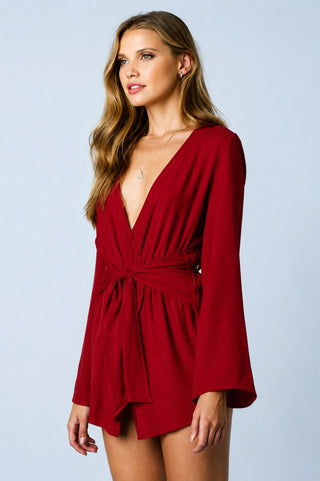 What If Red Long Sleeve Wrap Romper - Side View
