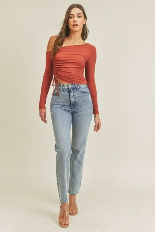 Lush Angie Mahogany One Shoulder Ruched Crop Top -  BohoPink