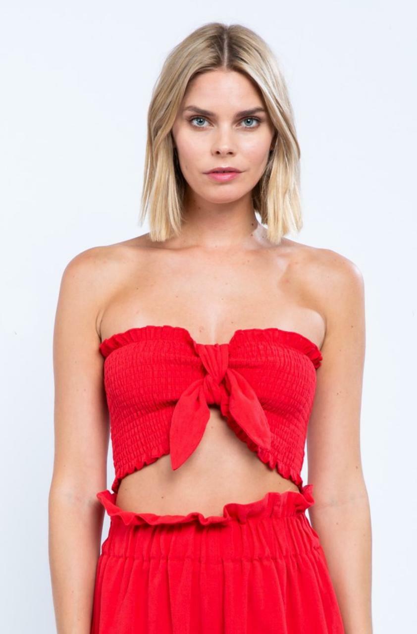 Red Knotted Front Top - Smocked Bandeau Tube Top | Boho Pink M